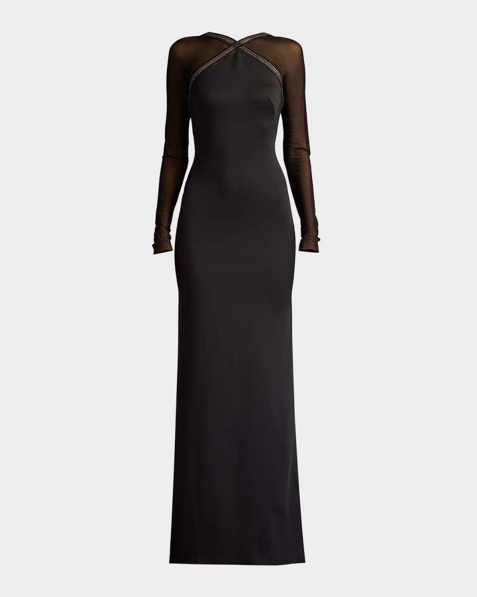 Illusion-Sleeve Neoprene Column Gown